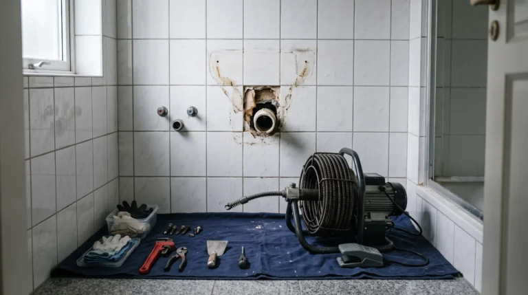 Offener Abflussanschluss in der Badezimmerwand mit elektrischer Rohrreinigungsspirale davor
