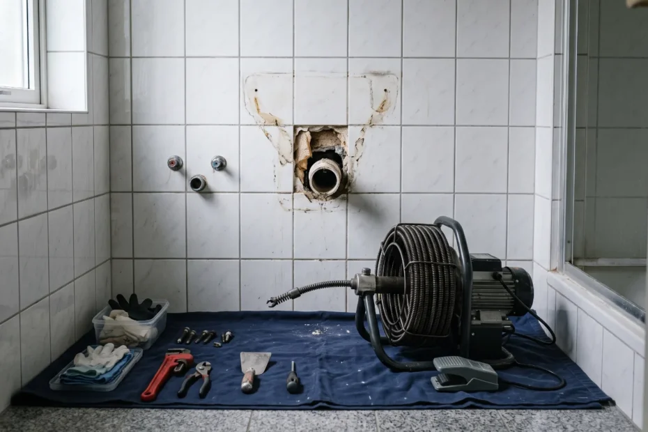Offener Abflussanschluss in der Badezimmerwand mit elektrischer Rohrreinigungsspirale davor