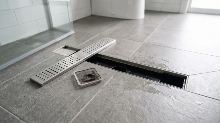 Geöffnete Duschrinne einer ebenerdigen Dusche mit herausgenommenem Haarsieb