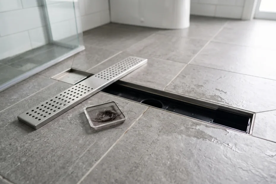 Geöffnete Duschrinne einer ebenerdigen Dusche mit herausgenommenem Haarsieb