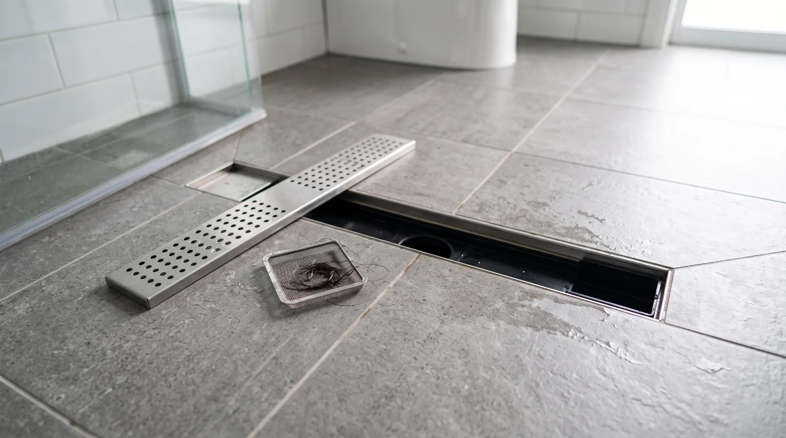 Geöffnete Duschrinne einer ebenerdigen Dusche mit herausgenommenem Haarsieb