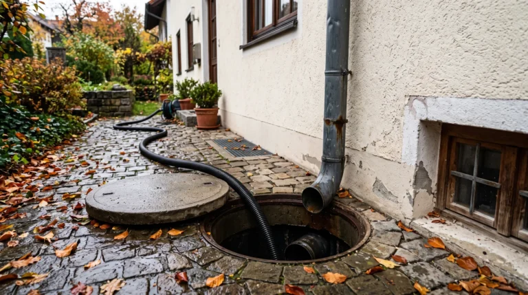 Regenfallrohr am Haus mit geöffnetem Revisionsschacht und Reinigungsschlauch im Boden