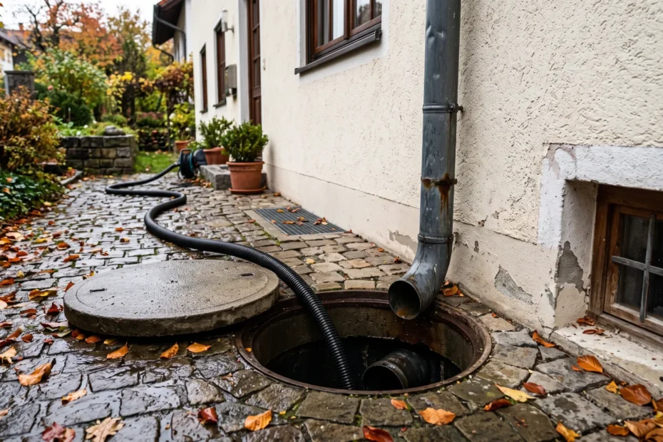 Regenfallrohr am Haus mit geöffnetem Revisionsschacht und Reinigungsschlauch im Boden