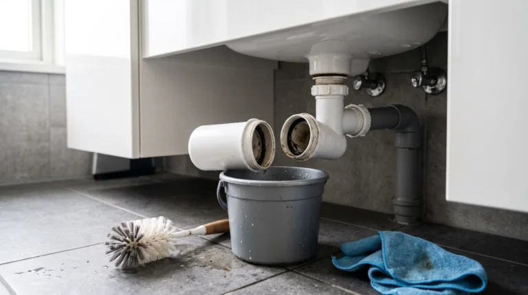 Abgeschraubter Kunststoff-Siphon unter dem Waschbecken mit Eimer und Flaschenbürste