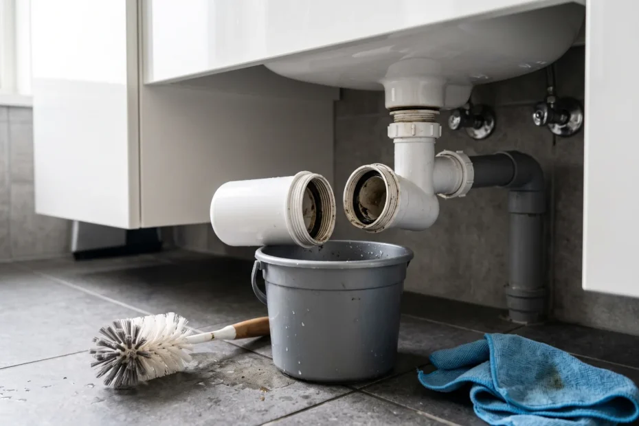 Abgeschraubter Kunststoff-Siphon unter dem Waschbecken mit Eimer und Flaschenbürste