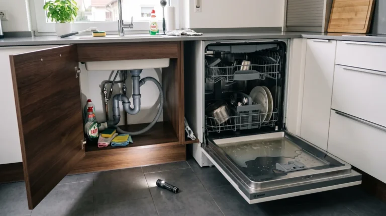 Geöffnete Spülmaschine mit stehendem Wasser und Siphon unter der Küchenspüle