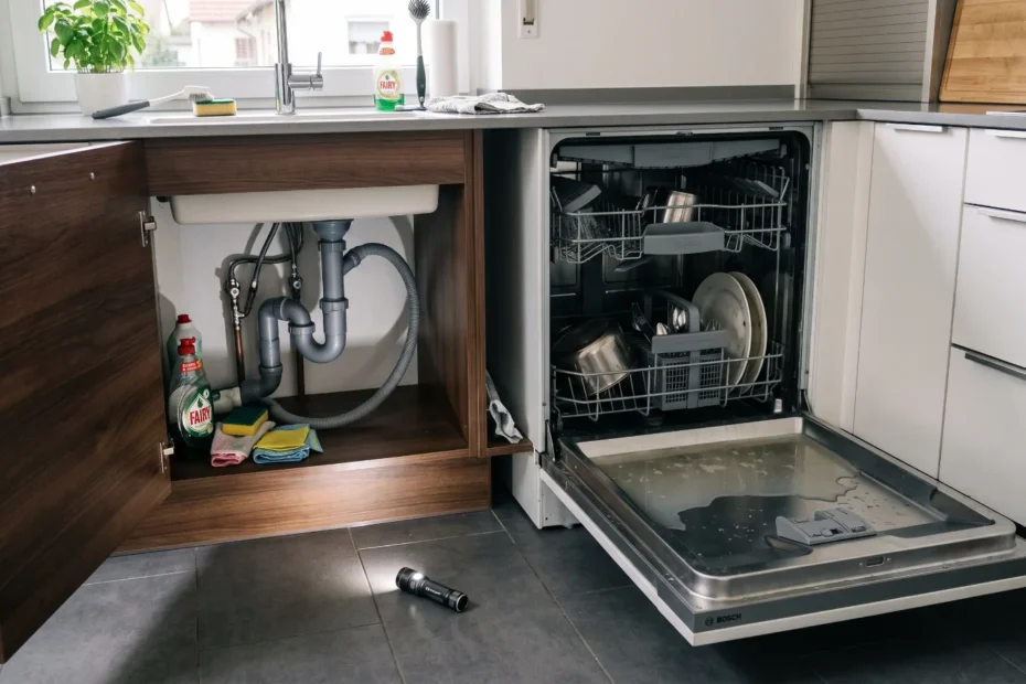 Geöffnete Spülmaschine mit stehendem Wasser und Siphon unter der Küchenspüle