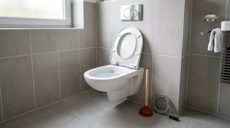 Wand-WC mit erhöhtem Wasserstand, daneben Saugglocke und Rohrspirale