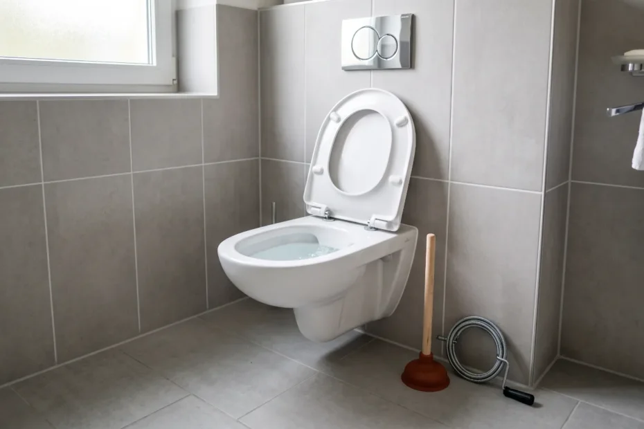 Wand-WC mit erhöhtem Wasserstand, daneben Saugglocke und Rohrspirale
