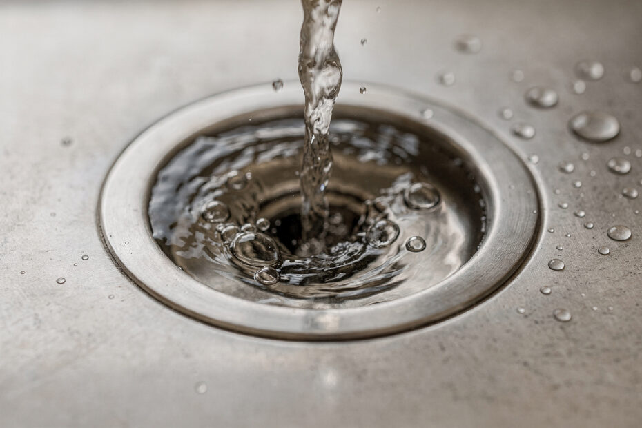 Wasser fließt mit Luftblasen in einen Spülbecken-Abfluss