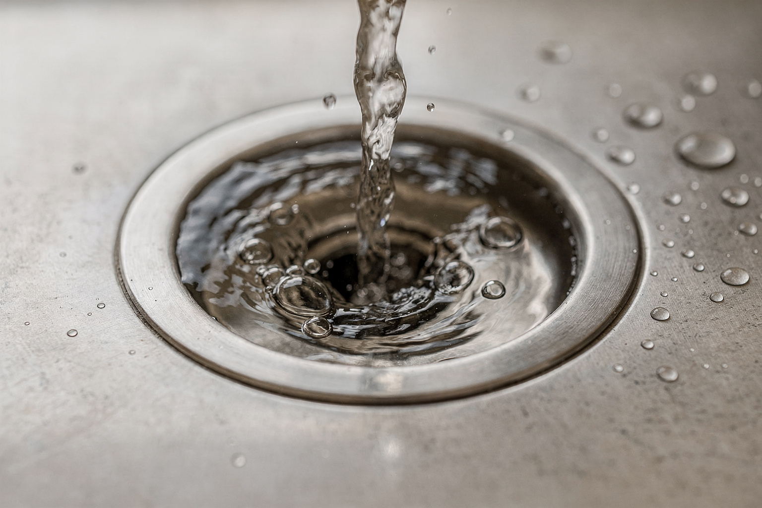 Wasser fließt mit Luftblasen in einen Spülbecken-Abfluss