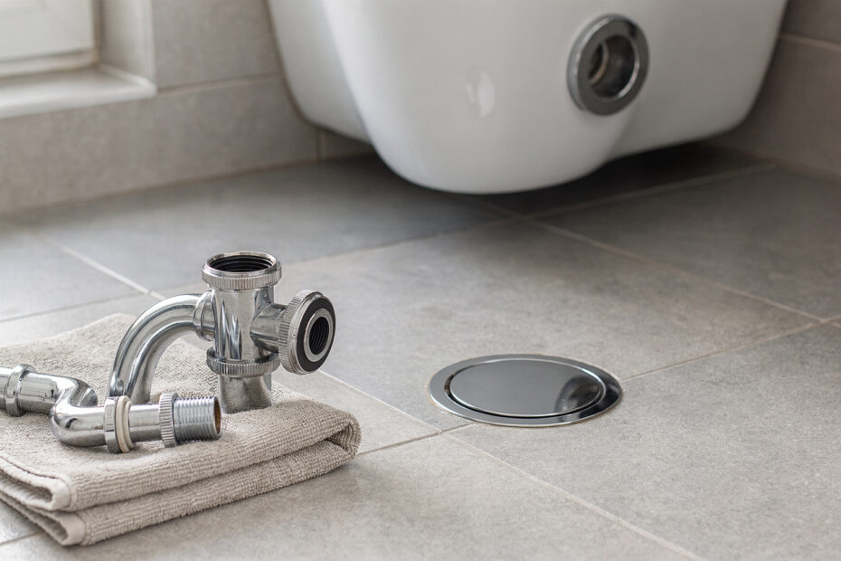 Bodenablauf und ausgebauter Siphon im Badezimmer