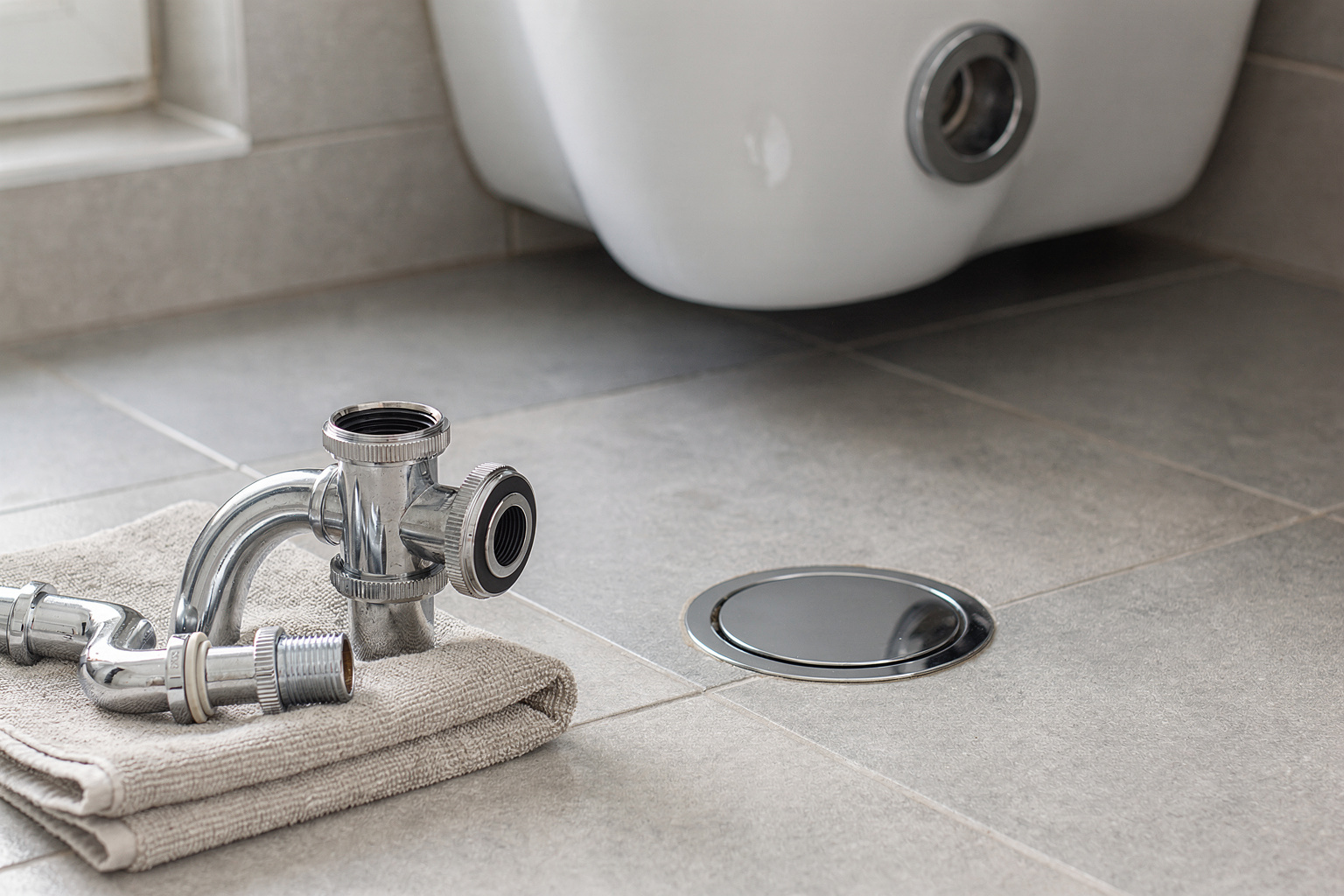 Bodenablauf und ausgebauter Siphon im Badezimmer