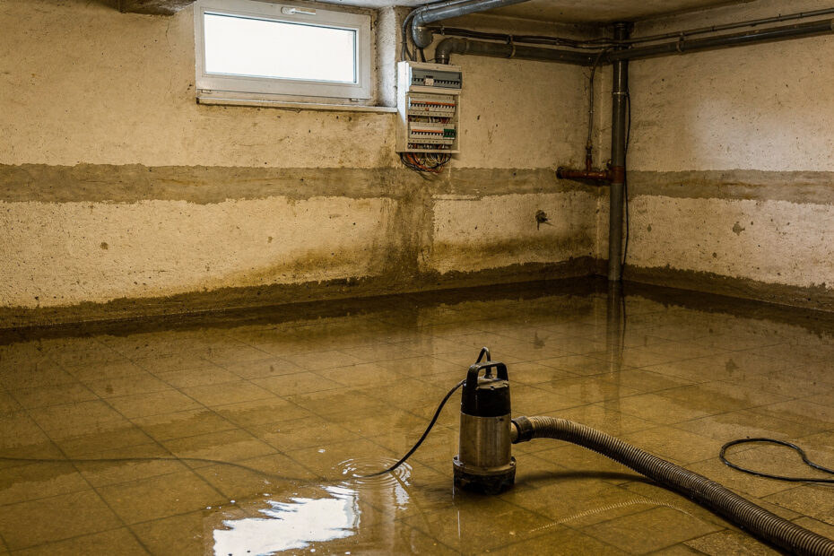 Überfluteter Keller mit Tauchpumpe nach Wasserschaden